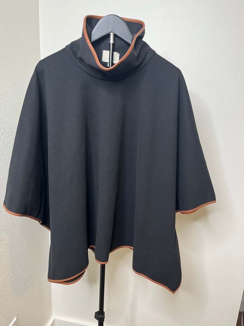 Tuckernuck Black Piper Poncho Leather Trim Funnel Neck Cape Quiet Luxury